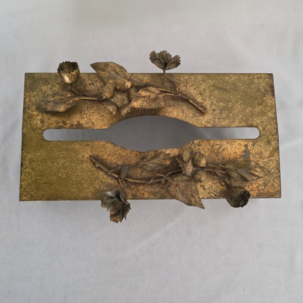 VTG Ornate Gilt Metal Tissue Box Cover Gold Tone Hollywood Regency Floral. Italy